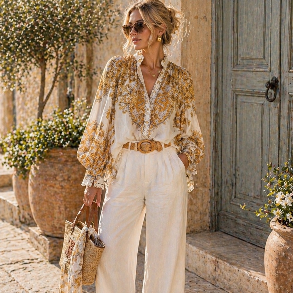 Zimmermann Gold and Cream Paisley zippy gold Blouse size 0 XS SMALL